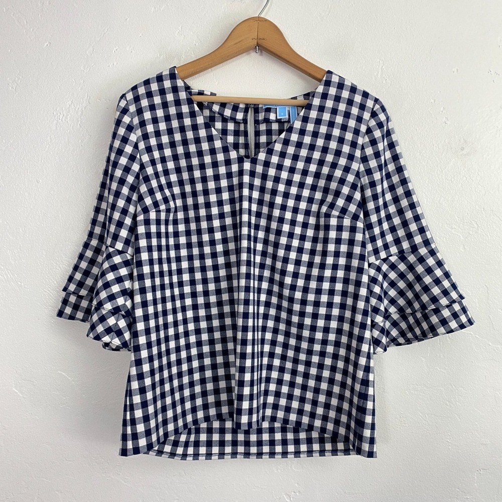 Draper James Gingham Top Women Size 6 Blue White Bell Sleeves